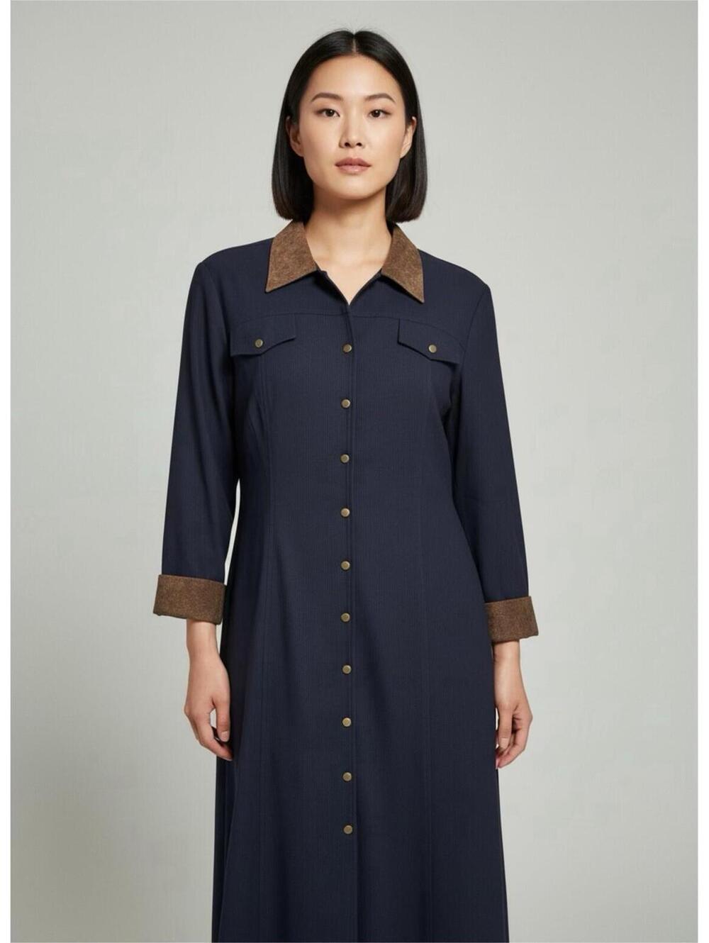Sheri Martin Navy Blue Long Sleeve Button-Down Dress Brown Faux Suede Size 18